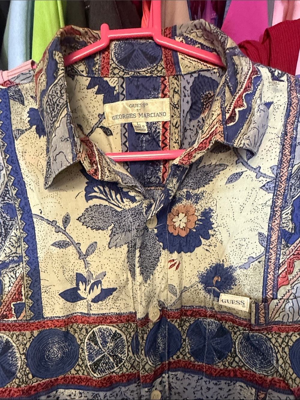 Vintage Guess Men's Blue Cream Floral-Paisley Button Down Shirt with Red Accents